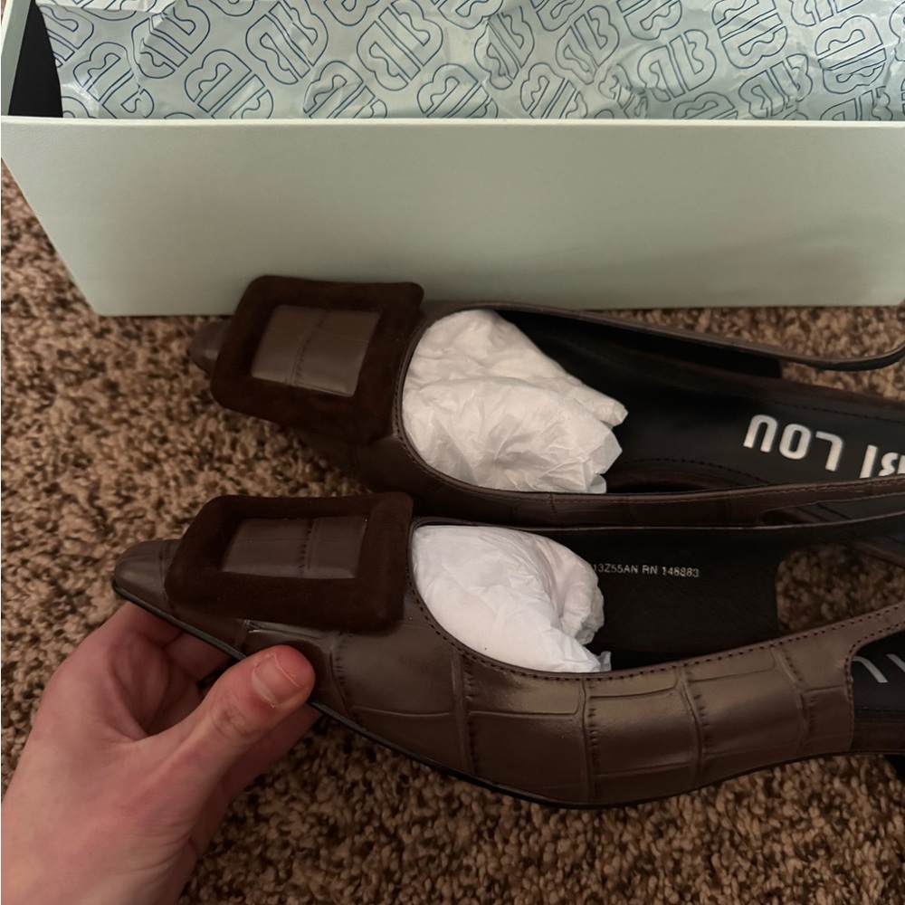 Anthropologie Bibi Lou Chocolate Brown Slingback Kitten Heels with Buckle - Picture 3 of 5